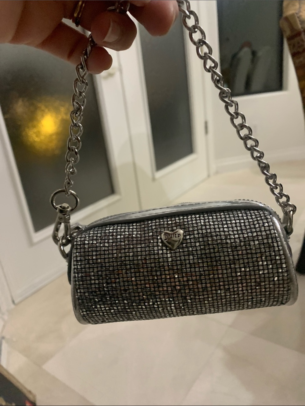 Juicy Couture Silver Barrel Coin Purse with Silver chain